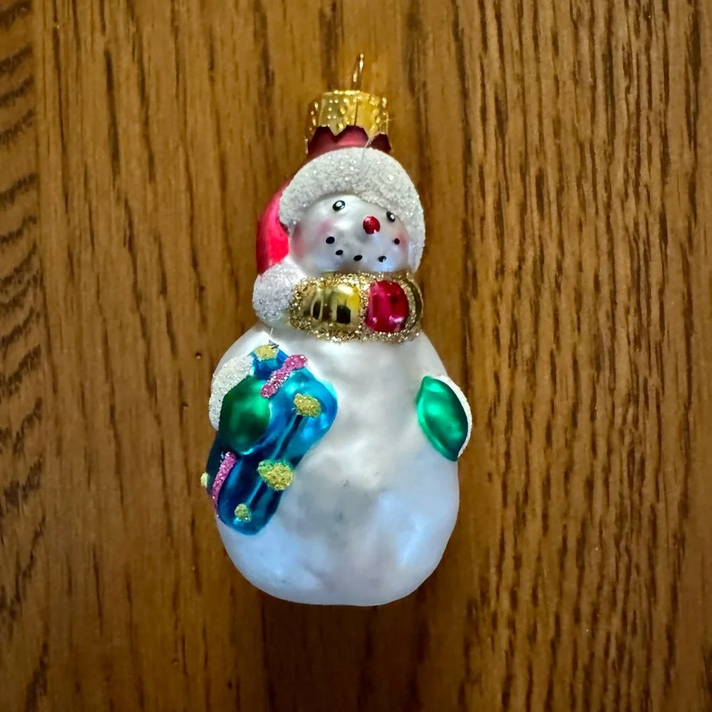 Vintage Blown Glass Snowman Christmas Ornament Glitter Scarf Stocking 3